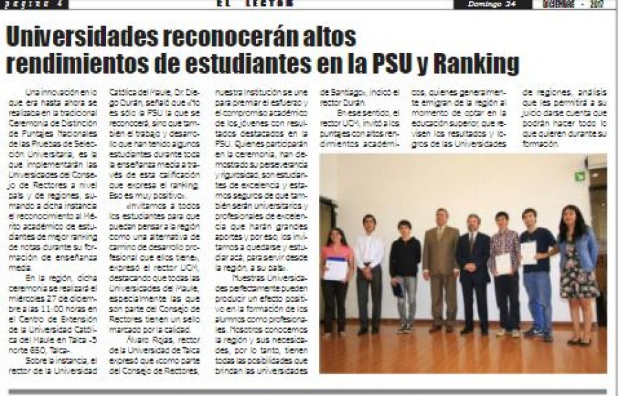 24 de diciembre en Diario El Lector: “Universidades reconocerán altos rendimientos de estudiantes en la PSU y Ranking”