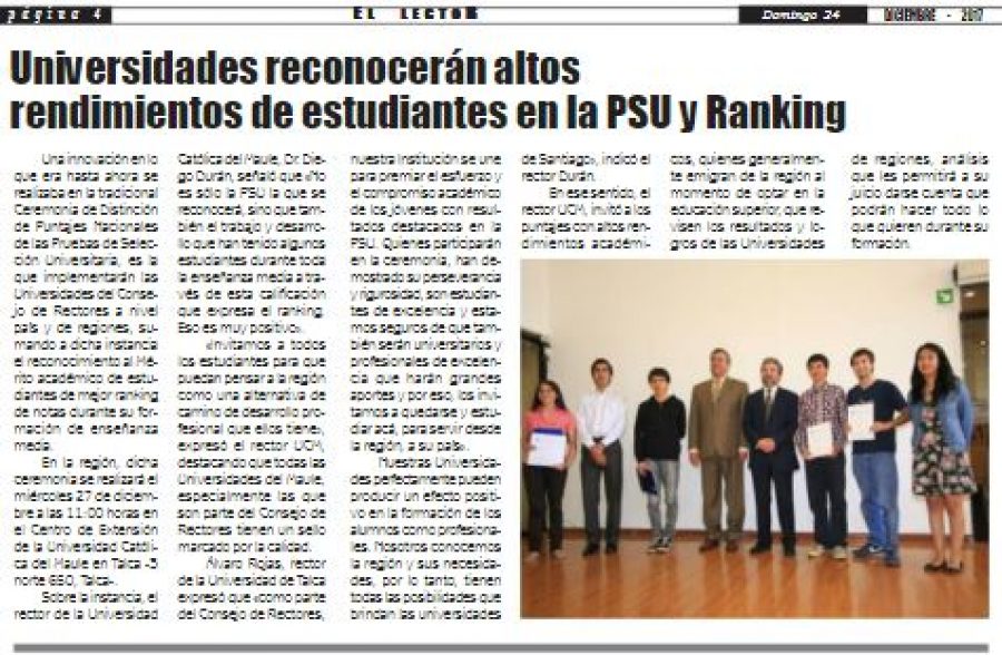 24 de diciembre en Diario El Lector: “Universidades reconocerán altos rendimientos de estudiantes en la PSU y Ranking”
