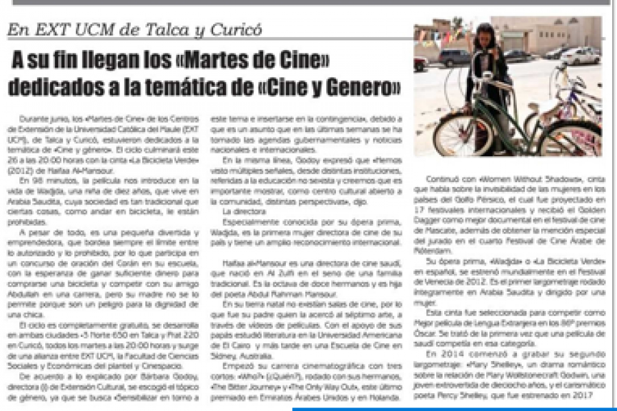 25 de junio en Diario El Lector: “A su fin llegan los «Martes de Cine» dedicados a la temática de «Cine y Genero»”