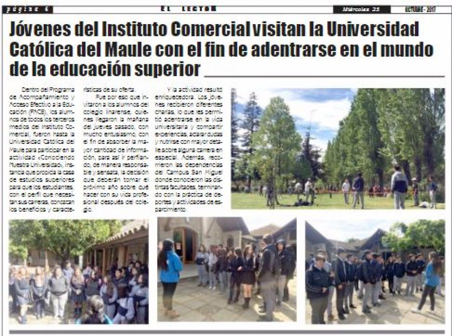 25 de octubre en Diario El Lector: “Jóvenes del Instituto Comercial visitan la Universidad Católica del Maule con el fin de adentrarse en el mundo de la educación superior”