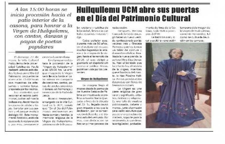 26 de mayo en Diario El Lector: “Huilquilemu UCM abre sus puertas en el Día del Patrimonio Cultural”
