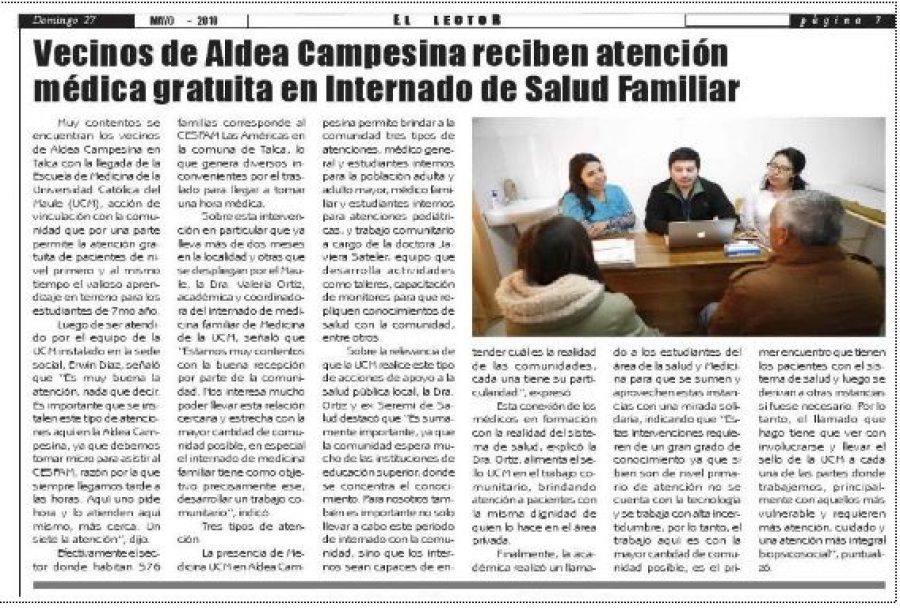 27 de mayo en Diario El Lector: “Vecinos de Aldea Campesina reciben atención médica gratuita en internado de Salud Familiar”