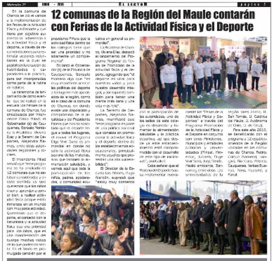 27 de junio en Diario El Lector: “12 comunas de la Región del Maule contarán con Ferias de la Actividad Física y el Deporte”
