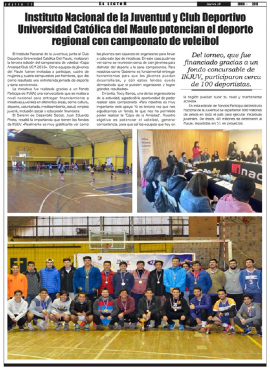 28 de junio en Diario El Lector: “Instituto Nacional de la Juventud y Club Deportivo Universidad Católica del Maule potencian el deporte regional con campeonato de voleibol”