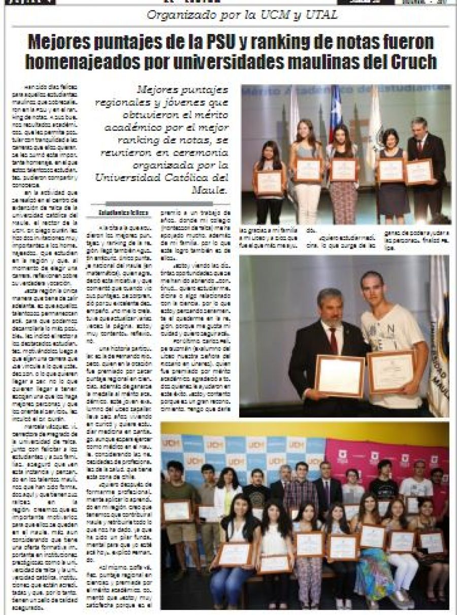 28 de diciembre en Diario El Lector: “Mejores puntajes de la PSU y ranking de notas fueron homenajeados por universidades maulinas del CRUCH”