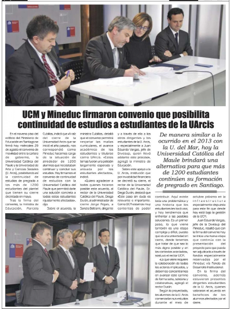 30 de agosto en Diario El Lector: “UCM y Mineduc firmaron convenio que posibilita continuidad de estudios a estudiantes de la UArcis”