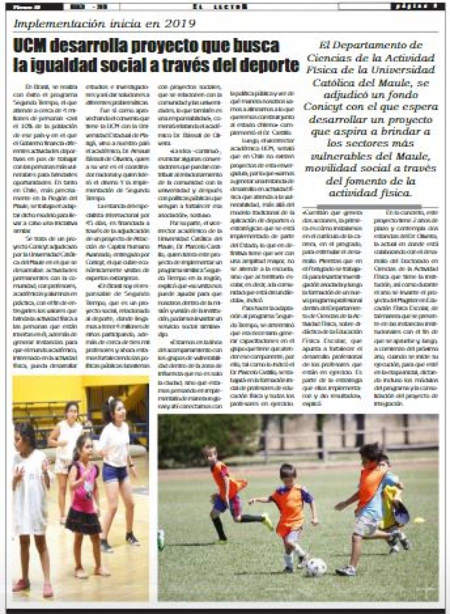 31 de marzo en Diario El Lector: “UCM desarrolla proyecto que busca la igualdad social a través del deporte”