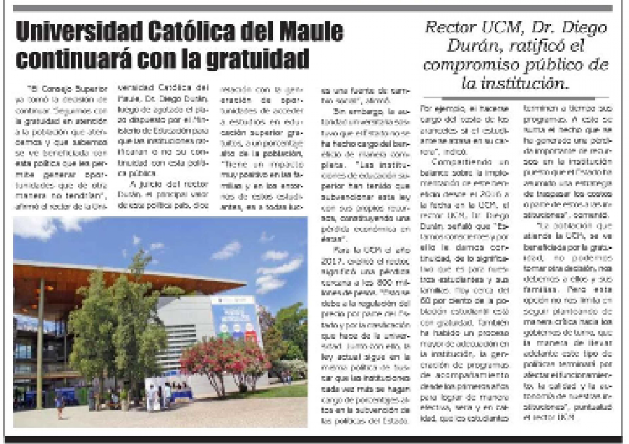 31 de julio en Diario El Lector: “Universidad Católica del Maule continuará con la gratuidad”