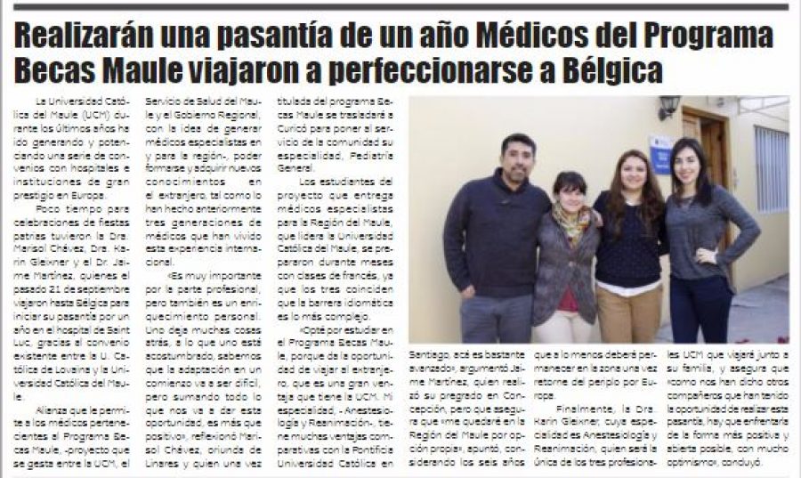 27 de septiembre en Diario El Lector: “Realizarán una pasantía de un año Médicos del Programa Becas Maule viajaron a perfeccionarse a Bélgica”