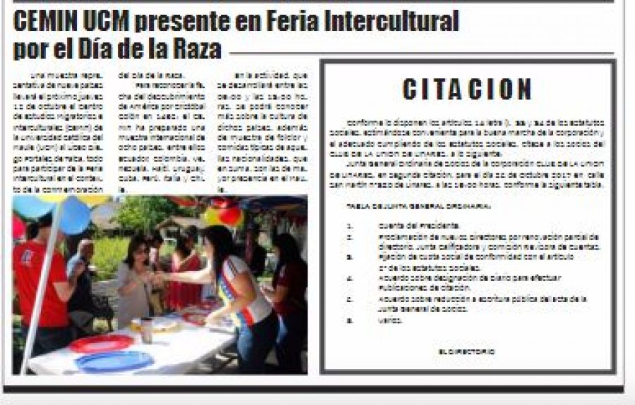 07 de octubre en Diario El Lector: “CEMIN UCM presente en Feria Intercultural por el Día de la Raza”