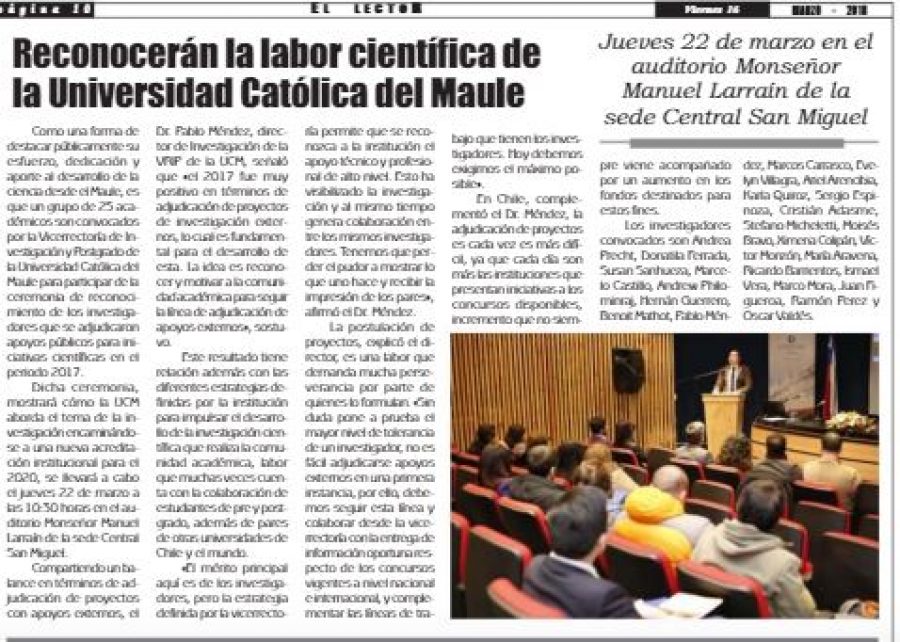 16 de marzo en Diario El Lector: “Reconocerán la labor científica de la Universidad Católica del Maule”