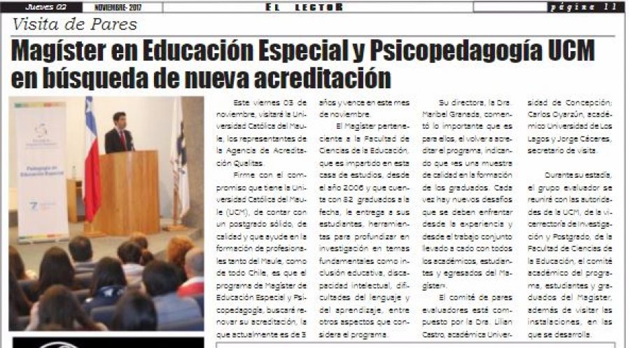 02 de noviembre en Diario El Lector: “Magíster en Educación Especial y Psicopedagogía UCM en búsqueda de nueva acreditación”