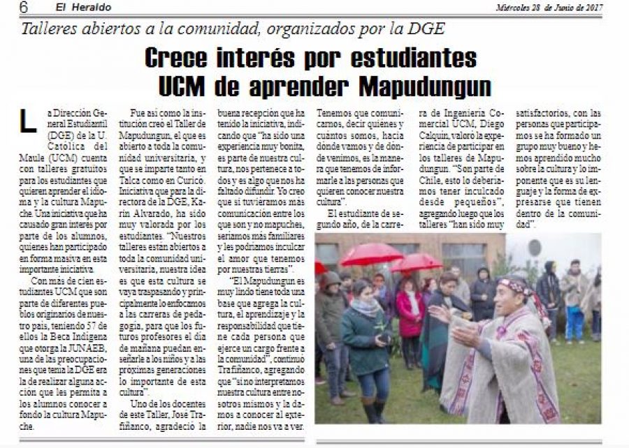 28 de junio en Diario El Heraldo: “Crece interés por estudiantes UCM de aprender Mapudungun”