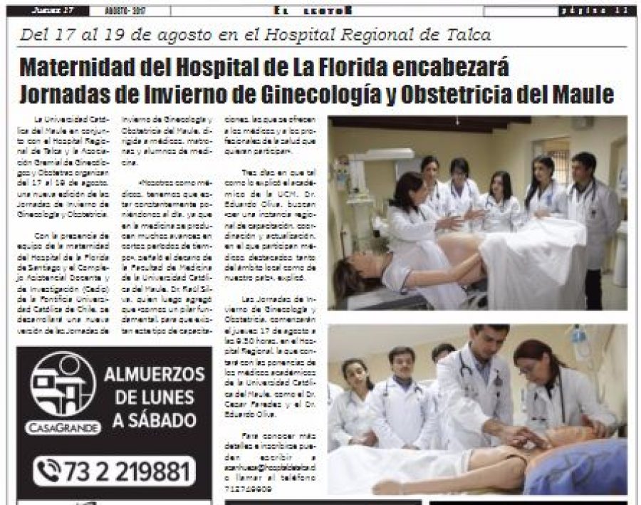 17 de agosto en Diario El Lector: “Maternidad del Jospital de La Florida encabezará Jornadas de Invierno de Ginecología y Obstetricia del Maule”