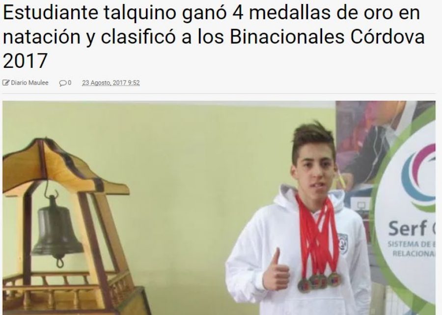 23 de agosto en Maulee: “Estudiante talquino ganó 4 medallas de oro en natación y clasificó a los Binacionales Córdova 2017”