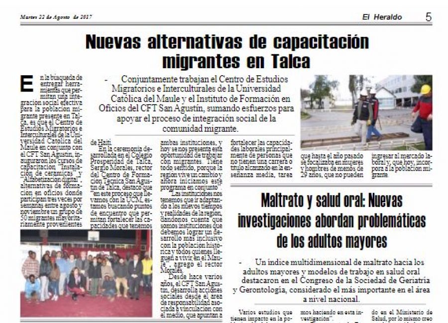 22 de agosto en Diario El Heraldo: “Nuevas alternativas de capacitación migrantes en Talca”