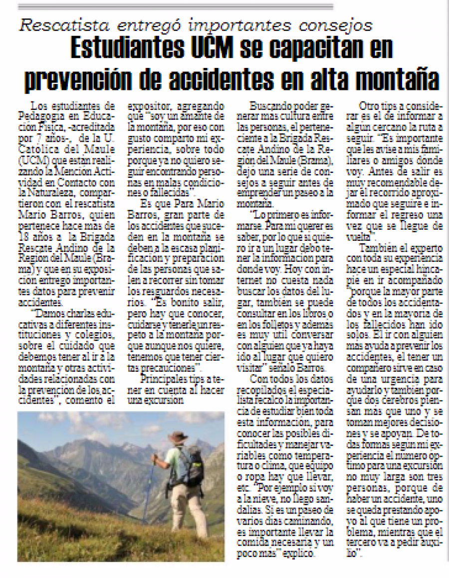 03 de enero en Diario El Heraldo: “Estudiantes UCM se capacitan en prevención de accidentes de alta montaña”