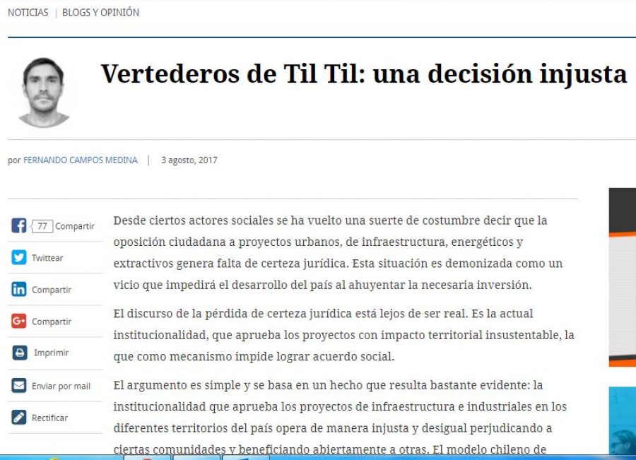 03 de agosto en El Mostrador: “Vertederos de Til Til: una decisión injusta”