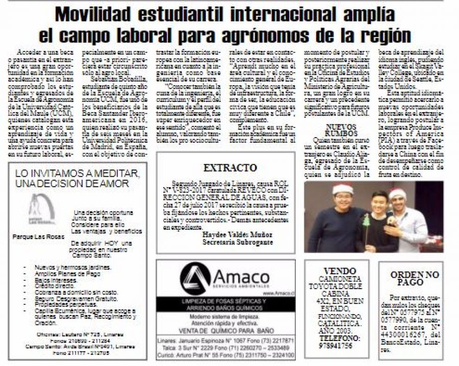 08 de agosto en Diario El Heraldo: “Movilidad estudiantil internacional amplia el campo laboral para agrónomos de la región”