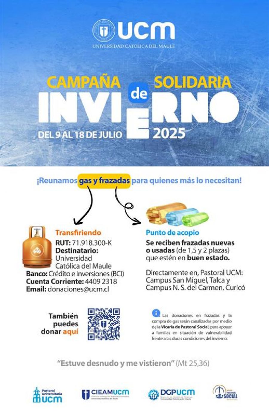 Universidad Católica del Maule adelanta la Campaña Solidaria de Invierno por bajas temperaturas