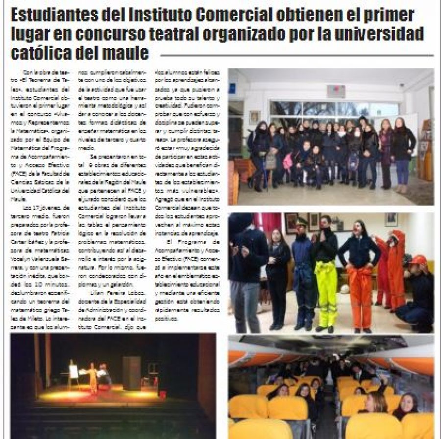24 de junio en Diario El Lector: “Estudiantes del Instituto Comercial obtienen el primer lugar en concurso teatral organizado por la Universidad Católica del Maule”