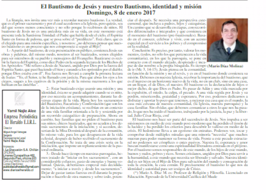 08 de enero 2017 en Diario El Heraldo: “El Bautismo de Jesús y nuestro bautismo, identidad y misión”