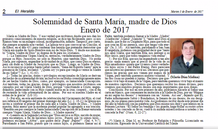 03 de enero 2017 en Diario El Heraldo: “Solemnidad de Santa María, madre de Dios”