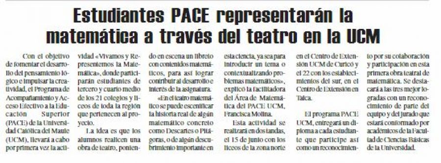 11 de junio en Diario El Heraldo: “Estudiantes PACE representarán la matemática a través del teatro en la UCM”