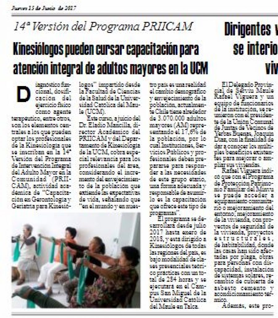 15 de junio en Diario El Heraldo: “Kinesiólogos pueden cursar capacitación para atención integral de adultos mayores en la UCM”
