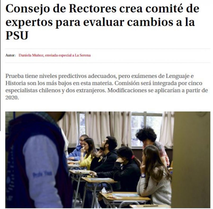27 de octubre en Diario La Tercera: “Consejo de Rectores crea comité de expertos para evaluar cambios a la PSU”