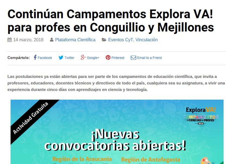 14 de marzo en Plataforma Científica: “Continúan Campamentos Explora VA! para profes en Conguillio y Mejillones”