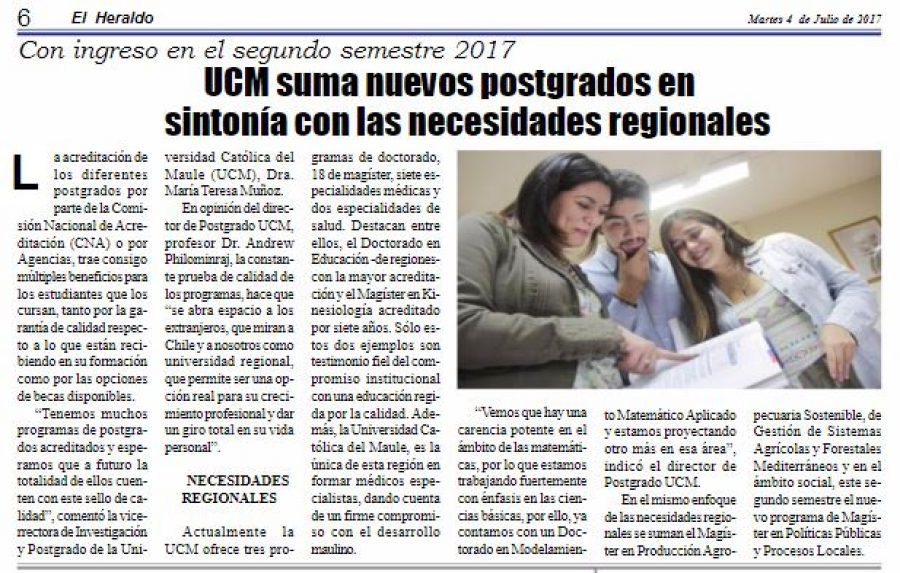 04 de julio en Diario El Heraldo: “UCM suma nuevos postgrados en sintonía con las necesidades regionales”