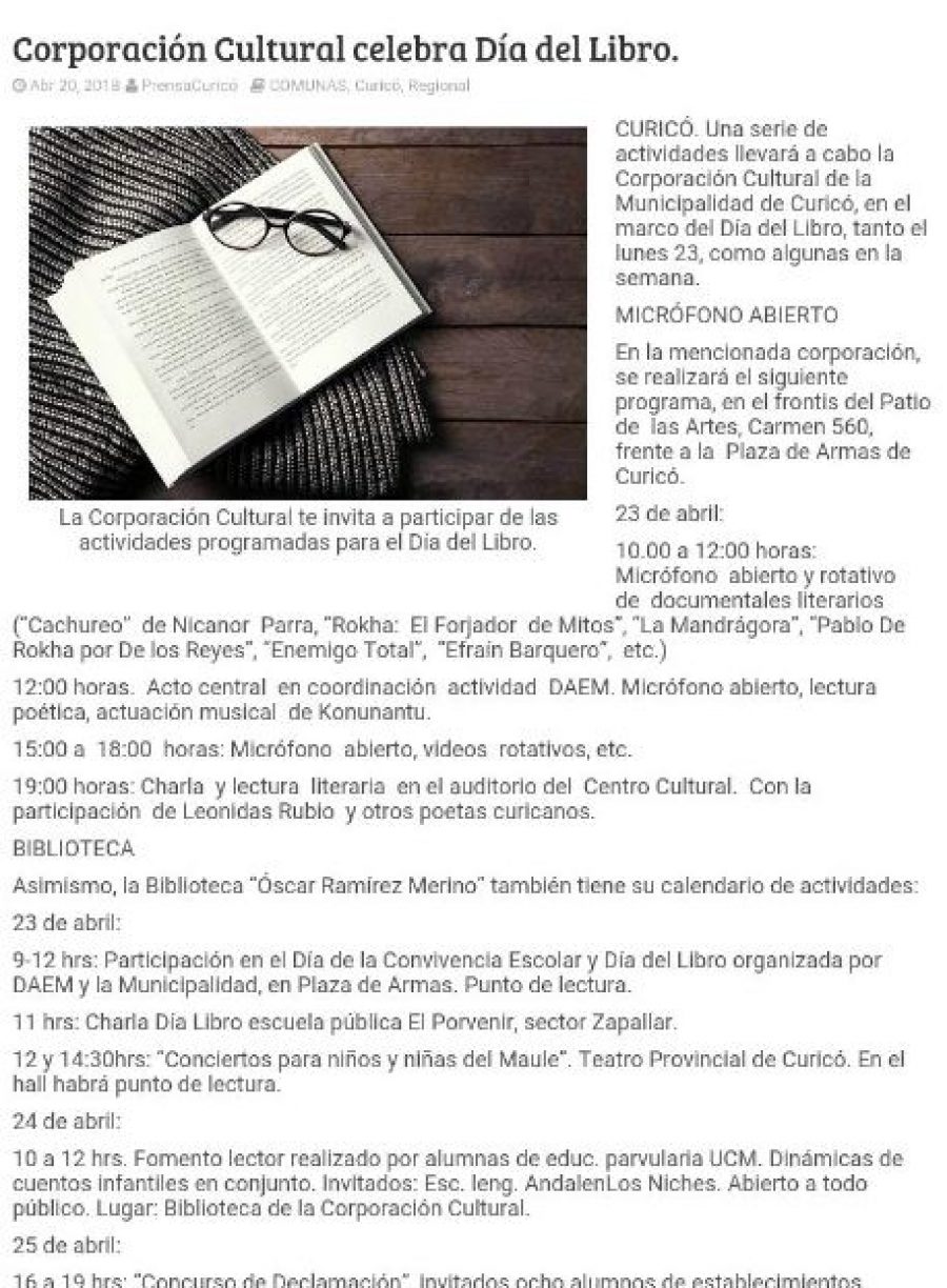 21 de abril en Prensa Curicó: “Corporación Cultural celebra Día del Libro”