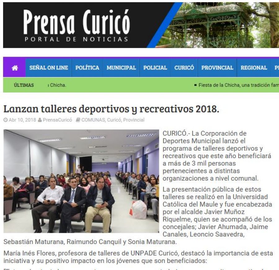 10 de abril en Prensa Curicó: “Lanzan talleres deportivos y recreativos 2018”