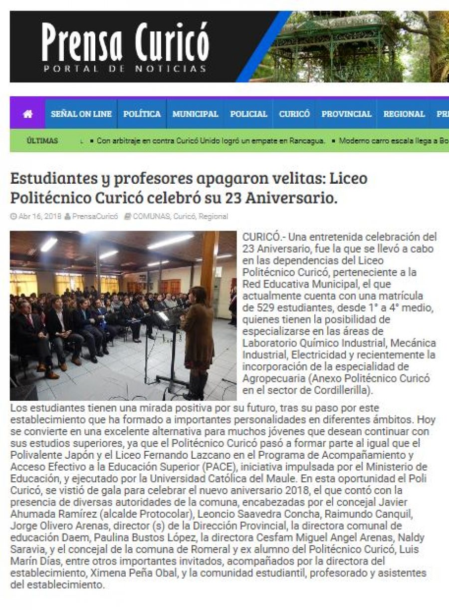 16 de abril en Prensa Curicó: “Estudiantes y profesores apagaron velitas: Liceo Politécnico Curicó celebró su 23 Aniversario”