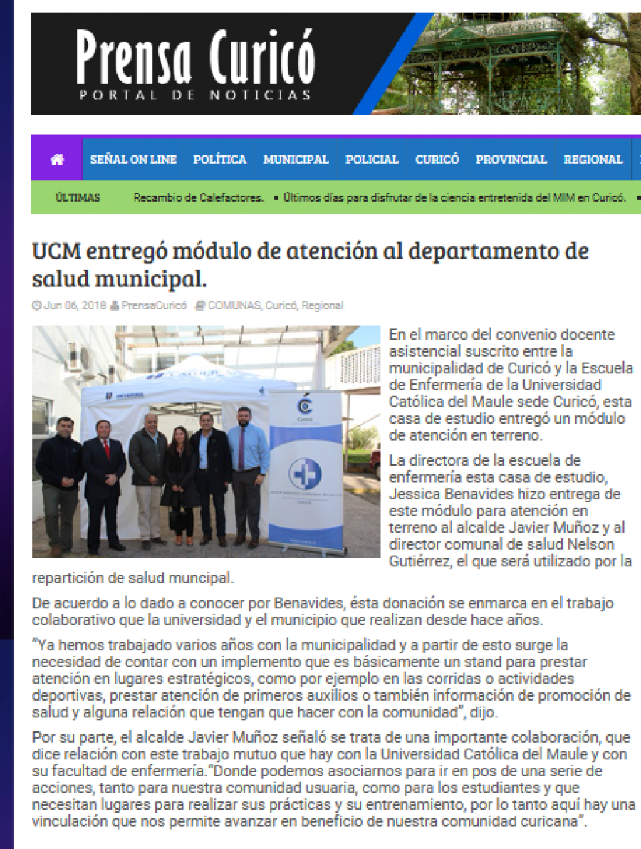 06 de junio en PrensaCuricó: “UCM entregó módulo de atención al departamento de salud municipal”
