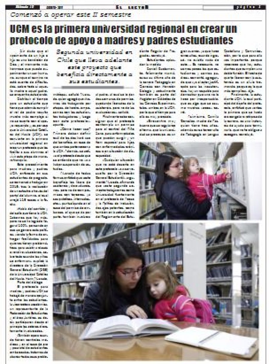 19 de agosto en Diario El Lector: “UCM es la primera universidad regional en crear un protocolo de apoyo a madres y padres estudiantes”