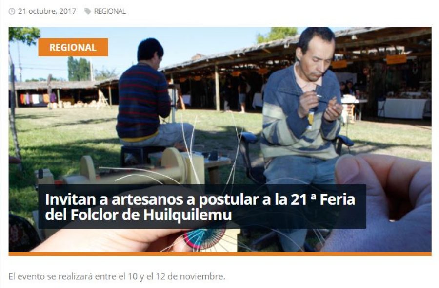21 de octubre en Redmaule.com: “Invitan a artesanos a postular a la 21 ª Feria del Folclor de Huilquilemu”