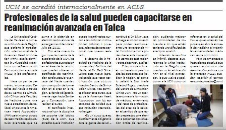 29 de agosto en Diario El Lector: “Profesionales de la salud pueden capacitarse en reanimación avanzada en Talca”