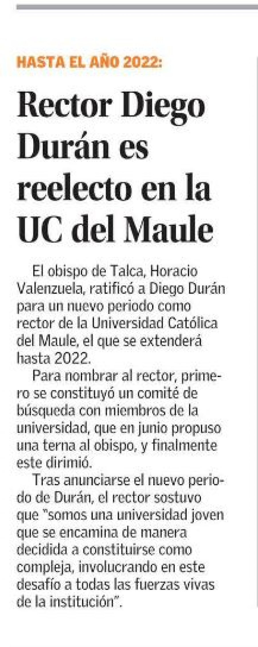 23 de julio en Diario El Mercurio: “Rector Diego Durán es reelecto en la UC del Maule”