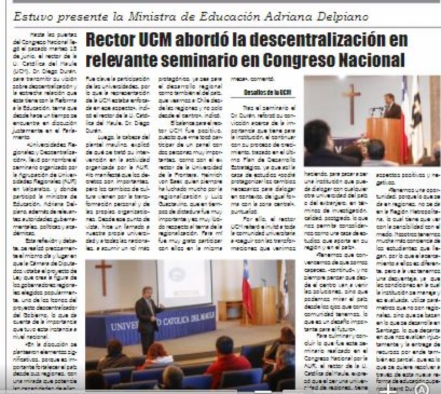 21 de junio en Diario El Lector: “Rector UCM abordó la descentralización en relevante seminario en Congreso Nacional”