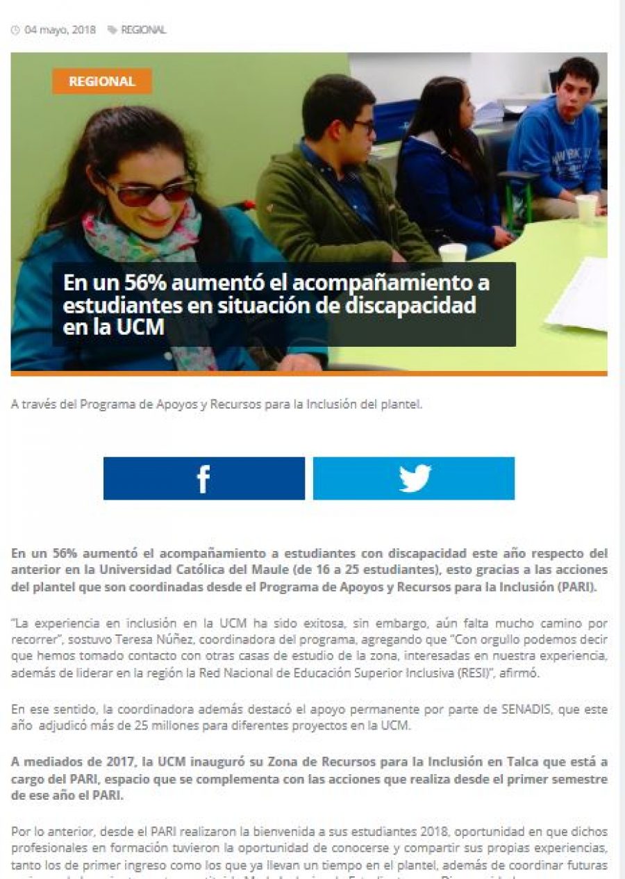 04 de mayo en Redmaule.com: “En un 56% aumentó el acompañamiento a estudiantes en situación de discapacidad en la UCM”