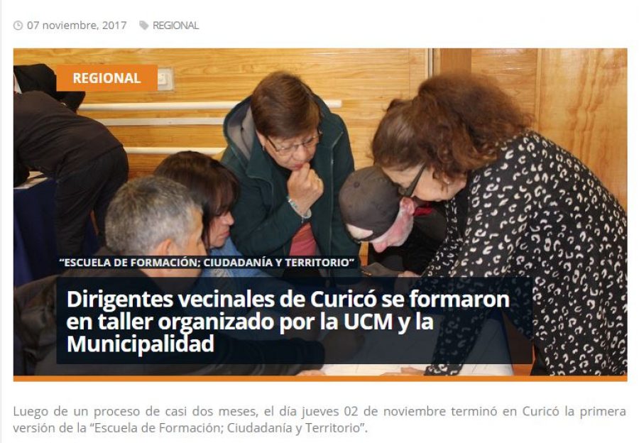 07 de noviembre en Redmaule.com: “Dirigentes vecinales de Curicó se formaron en taller organizado por la UCM y la Municipalidad”