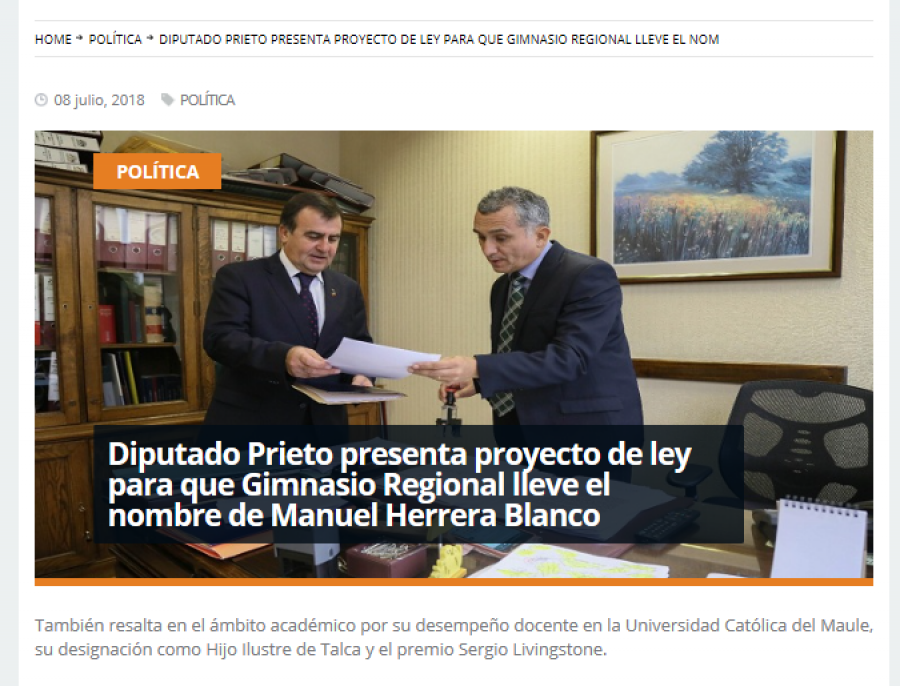 08 de julio en Redmaule.com: “Diputado Prieto presenta proyecto de ley para que Gimnasio Regional lleve el nombre de Manuel Herrera Blanco”