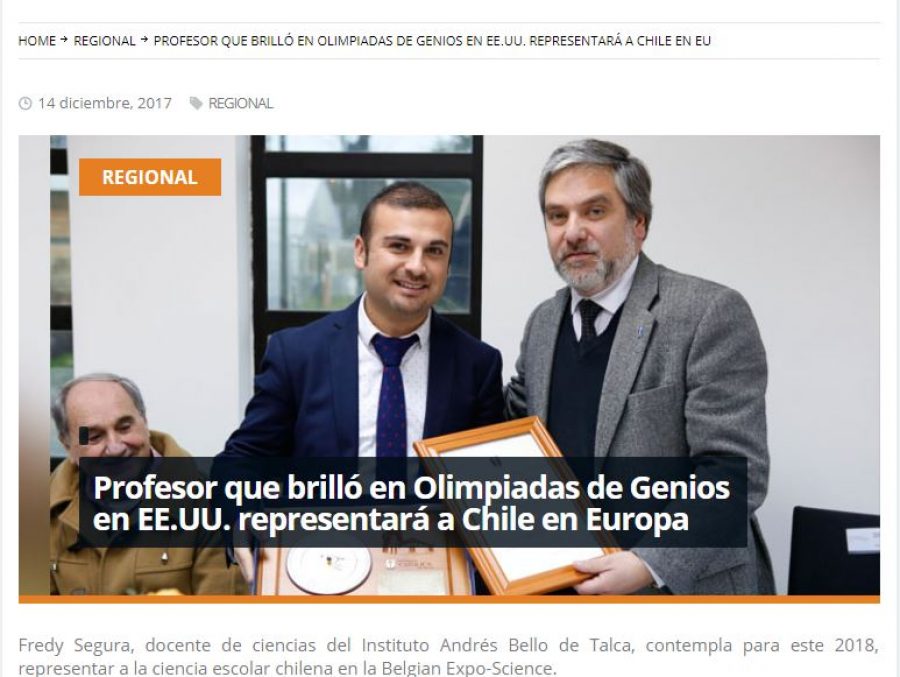 14 de diciembre en Redmaule.com: “REGIONAL Profesor que brilló en Olimpiadas de Genios en EE.UU. representará a Chile en Europa”