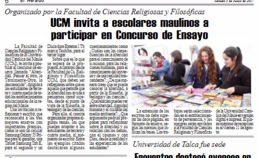 03 de junio en Diario El Heraldo: “UCM invita a escolares maulinos a participar en Concurso de Ensayo”
