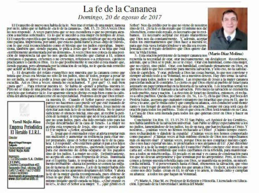 20 de agosto en Diario El Heraldo: “La fe de la cananea”