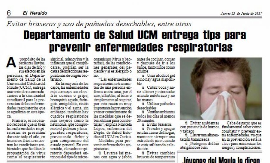 22 de junio en Diario El Heraldo: “Departamento de Salud UCM entrega tips para prevenir enfermedades respiratorias”