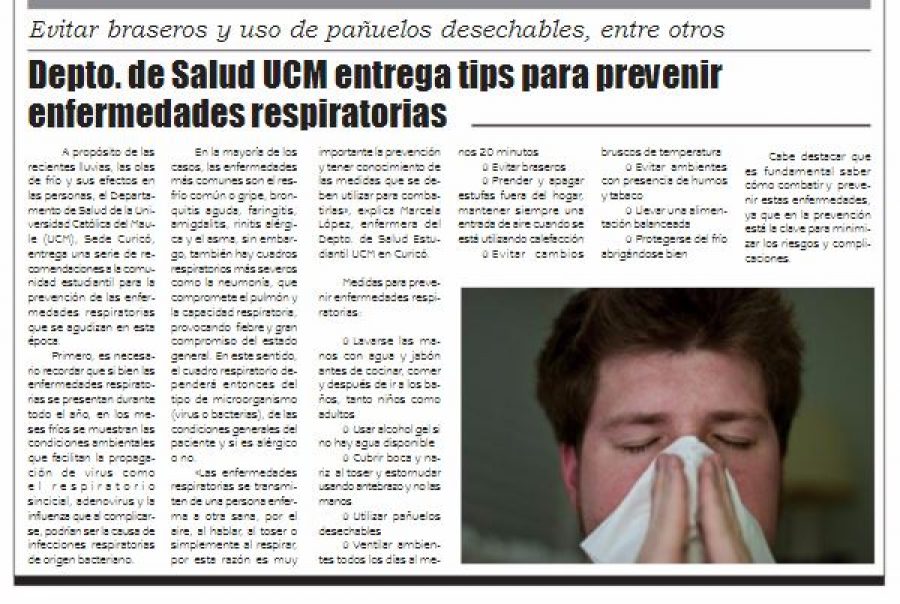 22 de junio en Diario El Lector: “Departamento de Salud UCM entrega tips para prevenir enfermedades respiratorias”