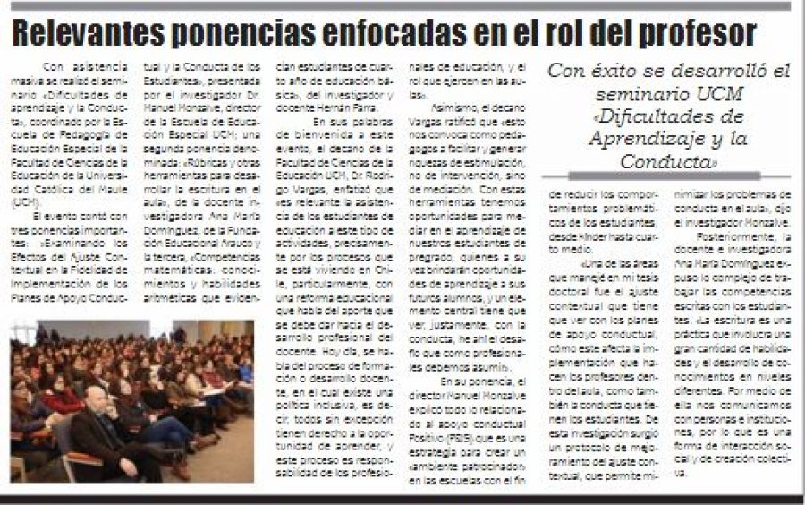 25 de junio en Diario El Lector: “Con éxito se desarrolló el seminario UCM “Dificultades de Aprendizaje y la Conducta”
